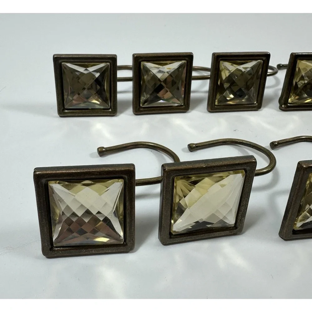 Rhinestone Shower Curtain Hooks Yellow Gold Faceted Square Geometric 12 Pc